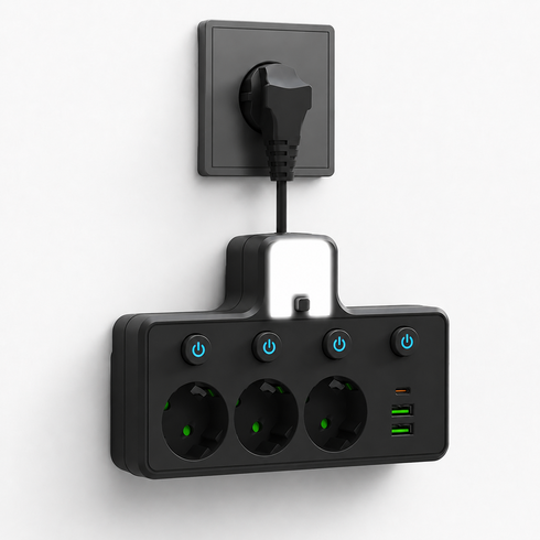 1Type-C+2USB T탭 다기능 확장형 멀티탭 야간 무드등 개별 스위치, 1개, 블랙-3구, 10cm
