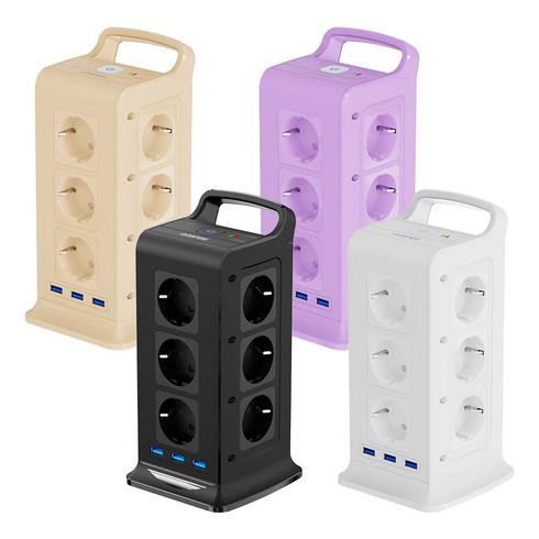 ORDFLES 타워형 멀티탭 12구 3USB포트 고용량 4000W 과부하차단 KC인증 USB 멀티탭, 1개, 블랙, 2m