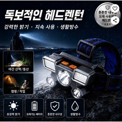 5코어 LED 헤드랜턴 4단 조광 모드 90도 각도 조절 방수 충전식 헤드라이트 캠핑 낚시 야외작업용 헤드램프, 1개, blue