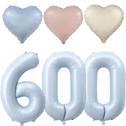 파파 파티 대형 하늘색 숫자 풍선 세트 기념일 생일, 1세트, 하늘 600 + 크림 하트 3p