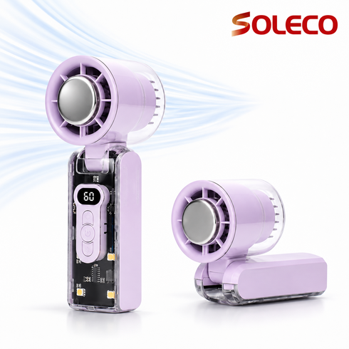 SOLECO [2026년 신형] 아이스 쿨링 핸디 선풍기 100단 무선 미니 선풍기 2000mAh USB-C 충전 LED 디스플레이, 퍼플 접이식, F21260507