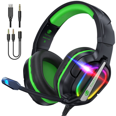 파치시 유선 게이밍 헤드셋 3.5mm 가상 7.1채널 RGB 3D 사운드 노이즈 캔슬링 마이크, 블랙 그린, FC200