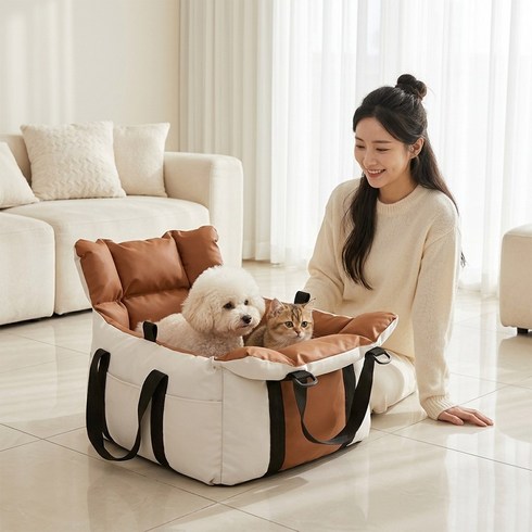 여행용 강아지 자동차 카시트 휴대용 애견 이동가방, 1개, 베이지 카키