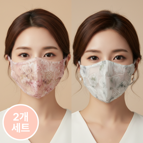 나나스윗 자외선 차단 고급 여성 플라워 자수 넥커버 2종, 1세트, 핑크+연그레이