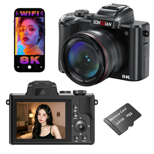 SONGDIAN 8K WiFi 8800W 카메라 고화질 디지털 카메라, 64GB
