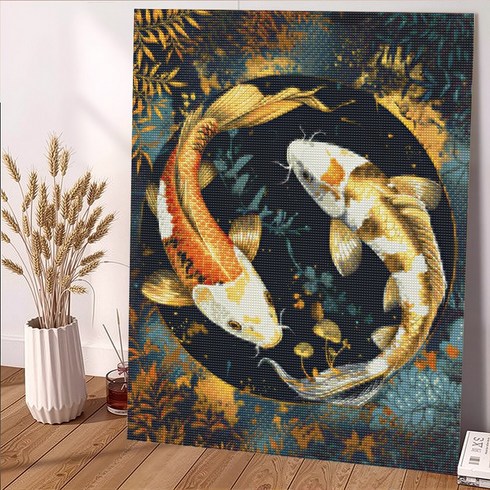 wonderful live 보석십자수 대형 DIY 키트 캔버스형 액자 풍경 인물 해바라기 꽃식물 부엉이 40 x 50 cm, 1개, 황금 잉어 -2