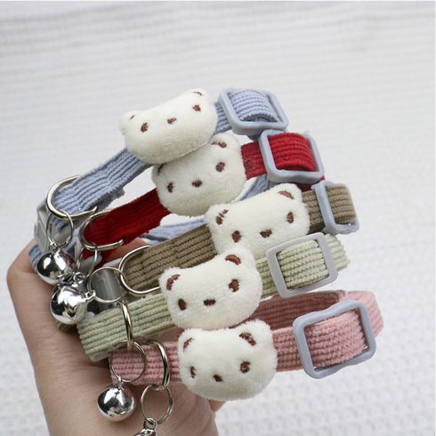 나나봉봉(1+1) 코듀로이 곰돌이 고양이 강아지 방울 목걸이, 1개, 레드+인디핑크