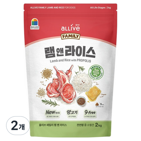 대주펫푸드 올리브 전연령 패밀리 램앤라이스 사료, 2kg, 2개, 양+쌀