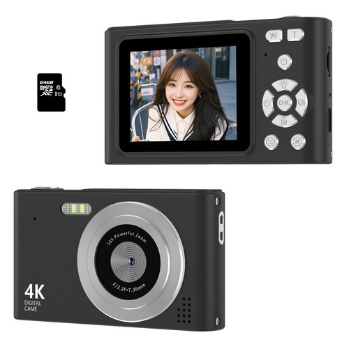 RUNHome 4800w 레트로 미니 디지털 카메라 여행용 인생+64G메모리카드, 블랙, H15