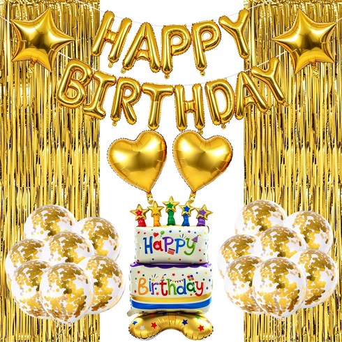 골드 생일파티풀세트 40cm HappyBirthday알루미늄풍선 45cm 하트 스타 알루미늄풍선 케이크알루미늄풍선 30cm 컨페티풍선 골드파티커튼 홈파티 생일이벤트 장식 1세트, 31개, 색상