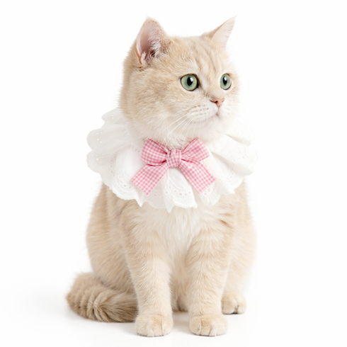 렛츠독 고양이 강아지 하이디 공주 레이스 체크리본 스카프 턱받이, 1개, 핑크체크