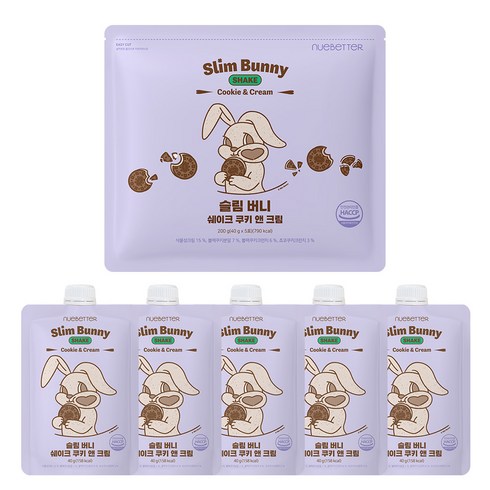 뉴베러 슬림 버니 단백질 쉐이크 파우치, 40g, 5개, 쿠키앤크림맛