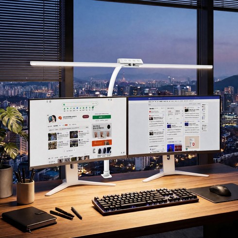 모니터 조명 클립형 LED 와이드 책상스탠드 듀얼 헤드 플리커프리 접이식 플렉시블 80cm 무단계 밝기 색온도 조절 Airwit, 화이트