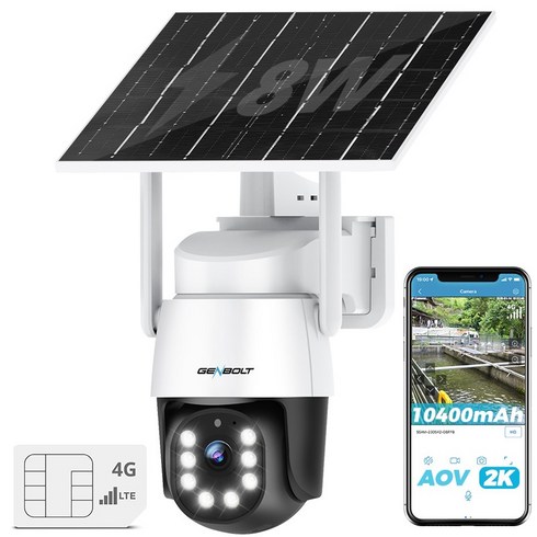 Genbolt AOV 4G LTE 태양광 실외용 충전식 무선 CCTV 감시 카메라 사람 감지 자동추적 2K 3MP 10400mAh PTZ IP66 방수, 1개, GB-216HKXV-Black