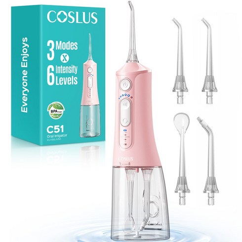 COSLUS 코슬루스 6단 수압+3종 모드 휴대용 구강세정기 IPX7 급방수+4개 노즐팁, 분홍색, C51