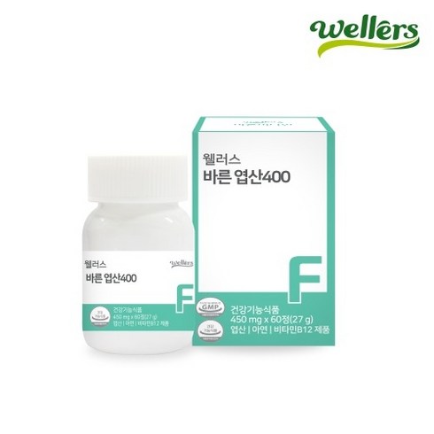 웰러스 바른 엽산 400 1병 2개월분 (No화학부형제 아연 비타민B), 60정, 2개