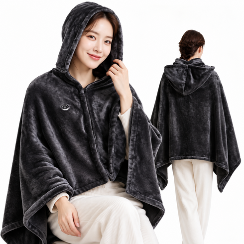 RYNOVEX 후드형 USB 발열담요 극세사 입는 담요 사무실 캠핑용, 회색, 150*85cm