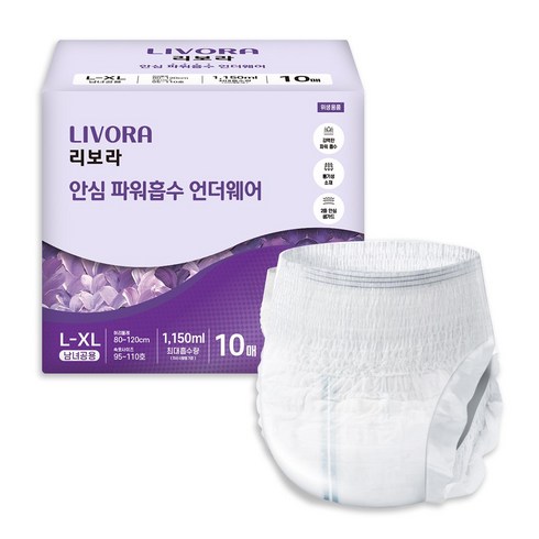 리보라 남녀공용 안심 파워흡수 언더웨어 팬티형 요실금 성인용 기저귀, 대형, 10매입, 6개