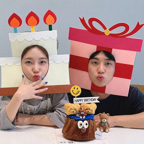 파티앤온 생일 케이크 가면 머리띠 파티 소품, 생일케이크+선물상자