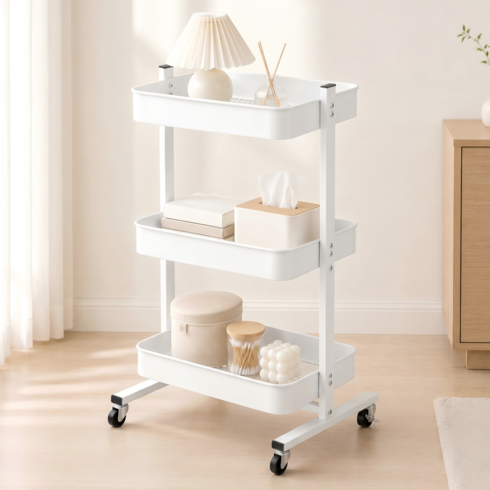 ZOES HOMEWARE 이동식 트롤리 튼튼한 철제 3단 선반, 화이트
