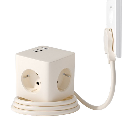 바우토 납작 큐브 고용량 멀티탭 콘센트 3구 usb 4000W, 1개, 아이보리, 1m