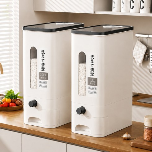Skyciky 원터치 식품용 쌀통 밀폐 방습 계량 쌀보관용기 10KG, 1개, 화이트