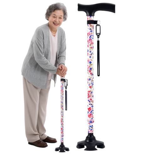 에이리브 노인 미끄럼방지 네발 길이조절 꽃 어르신 여성용 가벼운 지팡이, 1개, 화이트