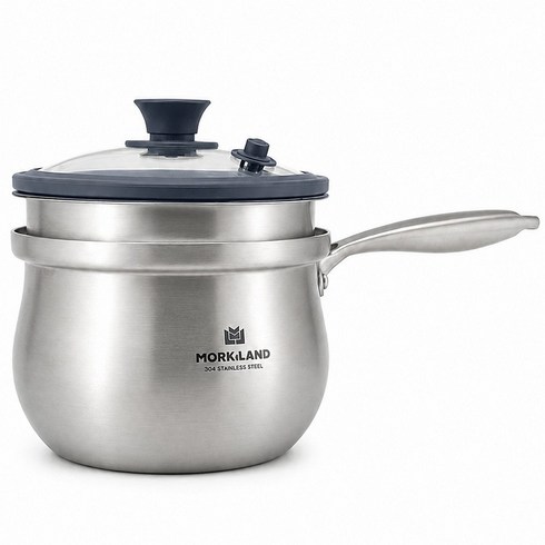 MorkLand 증기밸브 유리뚜껑 찜기포함 304 스텐 3중 저압 이유식 편수냄비, 1개, 은색, 18cm