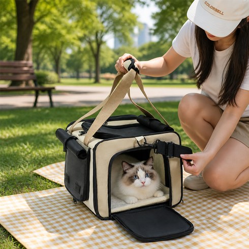 Surkat 대용량 다기능 고양이 강아지이동가방 휴대용 외출용 여행용 숄더백 슬링백 확장형 페브릭 캐리어 켄넬, 1개, 카키색