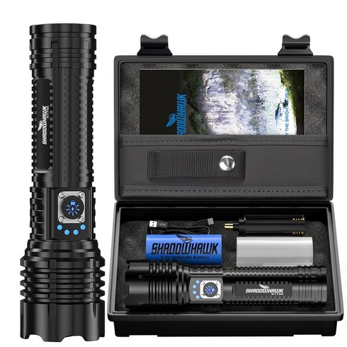 Shadowhawk 초강력 led 손전등 XHM77.2 10000Lumen USB충전식 5000mAh 장시간 사용 IP67 방수 5단 모드 캠핑 순찰 비상용 휴대용 랜턴, 1세트, 블랙