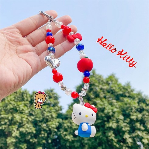 해외 정품 헬로 키티 산리오 아크릴 키링 에어팟 열쇠 가방 고리, 키티 롱 스트랩, 1개