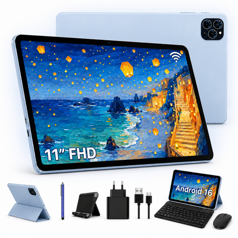 TABWEE 2026 최신형 태블릿 Android16 11인치 태블릿PC 18GB +128GB 2TB확장 Gemini AI 옥타코어 올인원 테블릿 pc 9in1 키보드세트, 파란색, 128GB, Wi-Fi