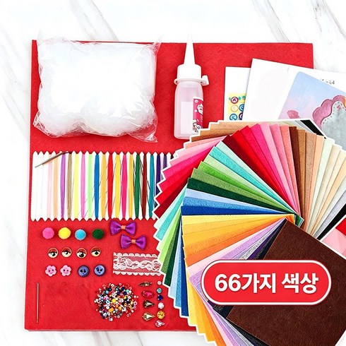 BIKASU 부직포 재료팩 포함 비접착식 칼라 펠트지 DIY 만들기재료, 1세트, 66색