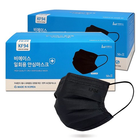 KF94 덴탈형 마스크 [중형] / 자외선차단 항균 소재, 블랙, 2개, 50매입
