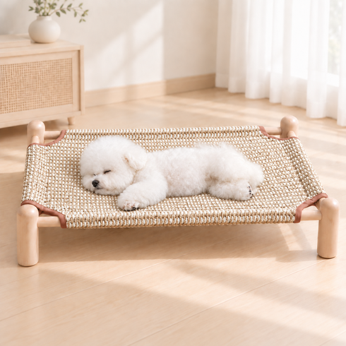 WHH 사계절 통기성 강아지 방석 고양이 침대 스크래쳐 겸용 원목 해먹형 펫베드, 1개, 브라운