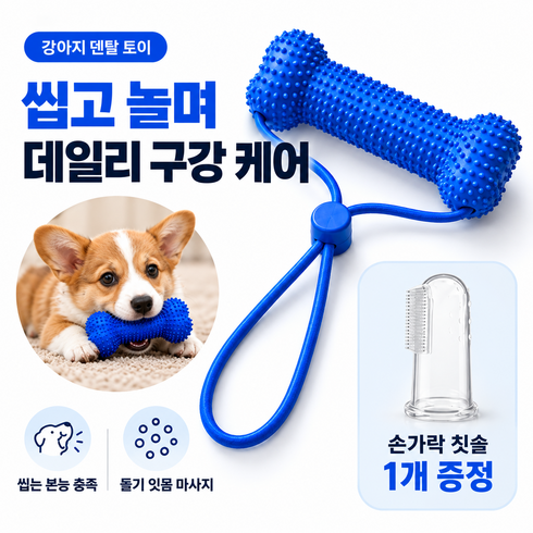 강아지 구강관리 덴탈 토이 치석제거 양치 보조 이갈이 장난감 손잡이 스트랩형, 1개, 푸른 색