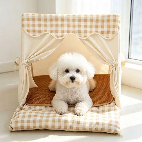 강아지집 고양이 하우스 커텐형 집 세탁가능 반려동물 텐트하우스, 1세트, 노란색 체크 무늬