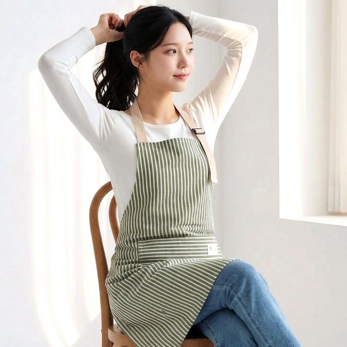 더메이크 스트라이프 예쁜 여성 주방 앞치마, 1개, 그린