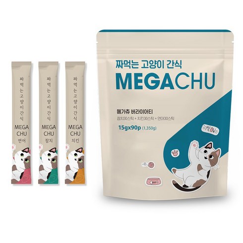 메가츄 짜먹는 고양이 간식 츄 90스틱 대용량, 연어+치킨+참치, 15g, 90개