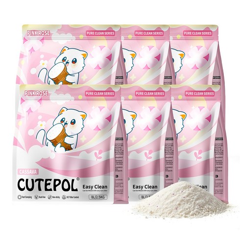 CUTEPOL 고양이 카사바 모래 먼지없는 고양이모래 대용량 저먼지, 분홍 장미향, 6개, 2.5kg