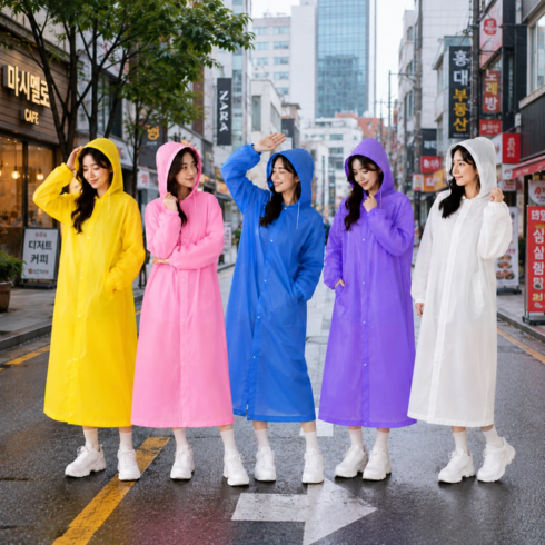 MOLLM 다회용 고급 경량 레인코트 우비 5개 세트 M3568, 화이트+블루+옐로우+핑크+퍼플