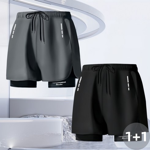 IDEAER 1+1 남자 수영복 반바지 세트 이중 레이어 루즈핏