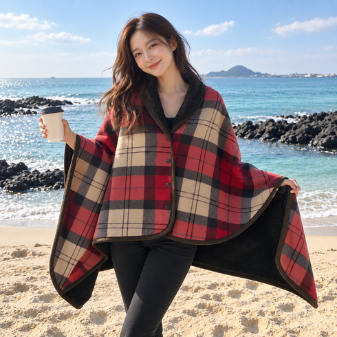 DUGN 양면 극세사 망토 똑딱이 담요 대형 고급형 중량UP, 레드체크, 1개