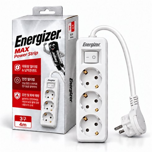 에너자이저 4000W 고용량 과부하차단 납작 멀티탭 3구 콘센트, 화이트, 1개, 3m