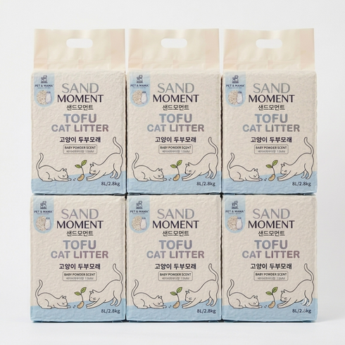 펫앤마마 샌드모먼트 고양이 두부모래 강력응고 저분진 2세대 고양이 모래, 베이비파우더, 6개, 2.8kg