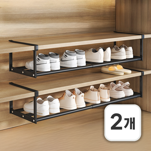 루만 길이조절 신발장 정리대 다용도 철제 선반 75 x 20 x 15cm, 2개, 블랙
