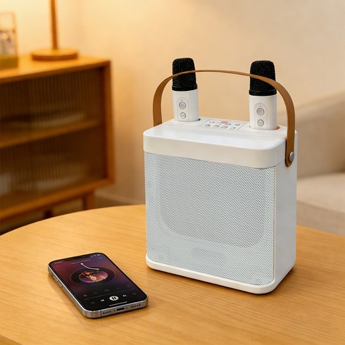 SEVOREN 무선 듀얼 마이크 블루투스 스피커 마이크 노래방 USB TF카드 인식 마이크 2 스피커 1 어린이 선물, 화이트, F-MKFYX001
