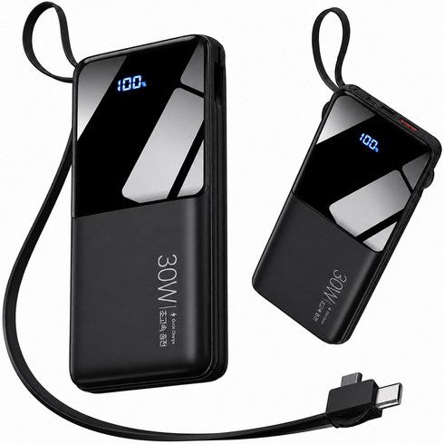 EYY 20000mah 보조배터리 내장형 32cm 데이터 케이블 PD22.5W 고속충전 일체형 대용량 난연 소재, 블랙, 1개