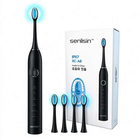 Senlisin XC-A8 음파전동칫솔 치아미백 6가지 진동모드 IPX7 완전방수 Type-C 충전식 성인용 전동칫솔 부드러운 듀폰칫솔모, 1박스, 블랙, ZD-A8