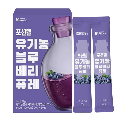 포션웰 미국산 유기농 블루베리 퓨레 100% 20g 30포 600g 블루베리 즙 스틱, 30개